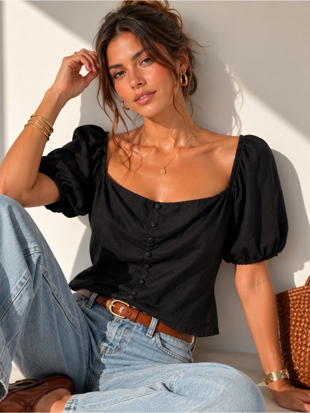 Rumer Black Puff Sleeve Linen Blend Blouse NWT Small